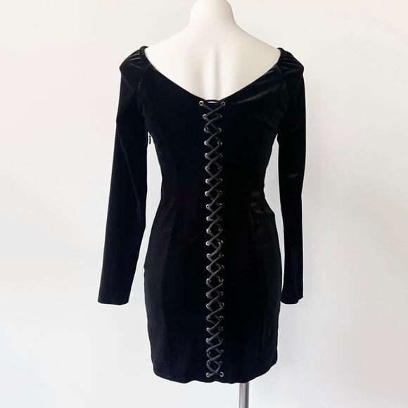 MARCIANO Velvet Corset Lace Up Bodycon Mini Dress Long Sleeve Black Women's S‎ - Picture 3 of 12
